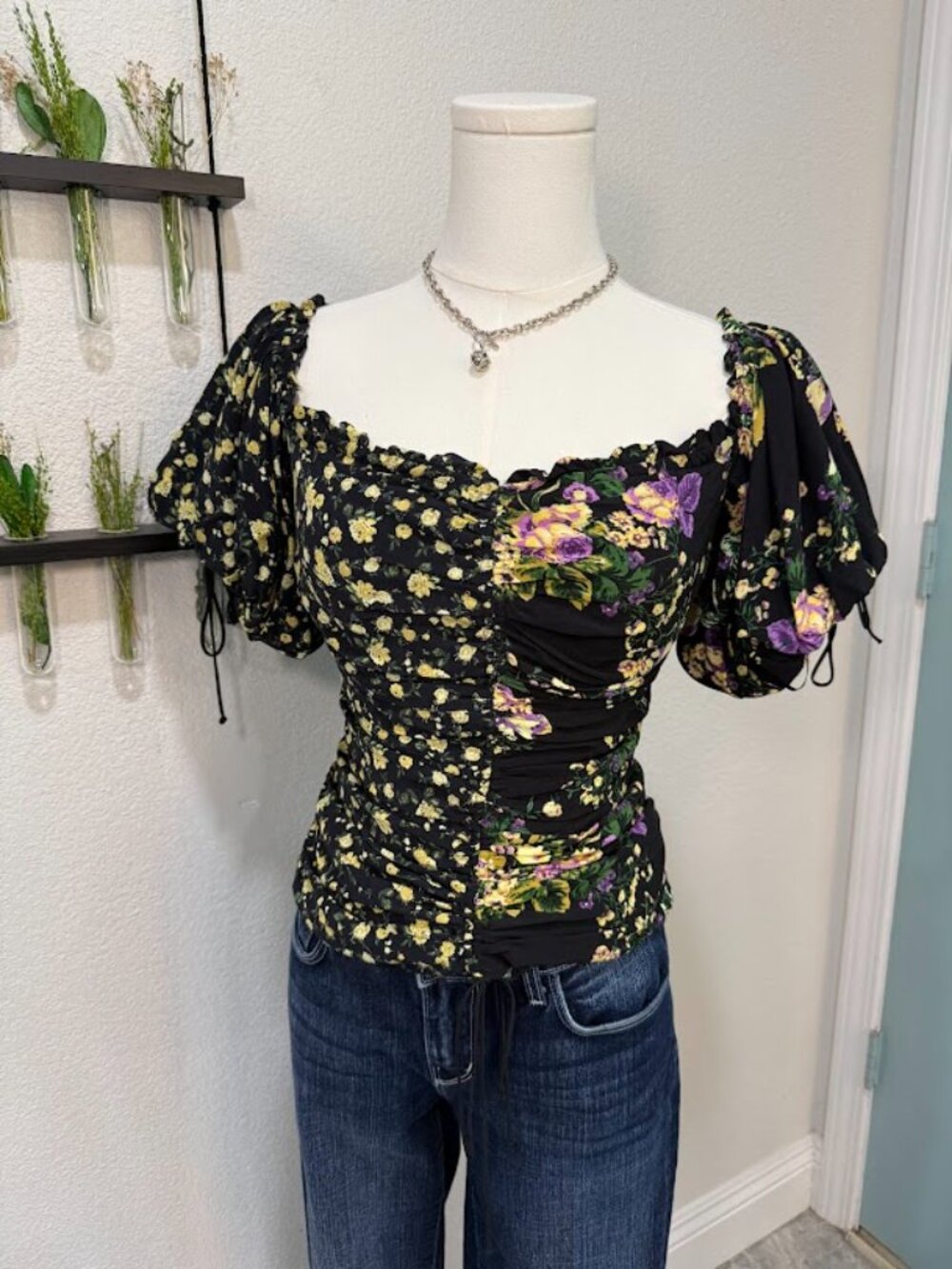 For Love and Lemons Eileen Off The Shoulder Top Two Tone Floral Puff Sleeve Top